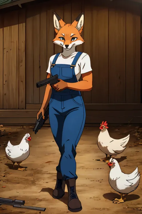 Fox with human features,strong arms ,strong legs,evil look,wearing blue and white overalls,With guns in hand ,and several dead chickens on the ground