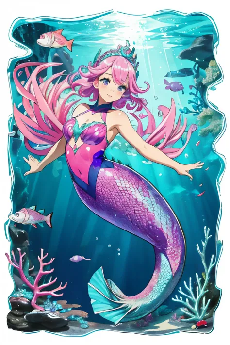 Mermaid，Mermaid，Mermaid Girl，Mermaid Tail，Bodysuit style，Scale style，Underwater background，Underwater background，Undersea background，Coral shell background，Seawater background，Pink and purple scales，Pink，end，I have end on me.，Girl with fish tail，Pink and p...