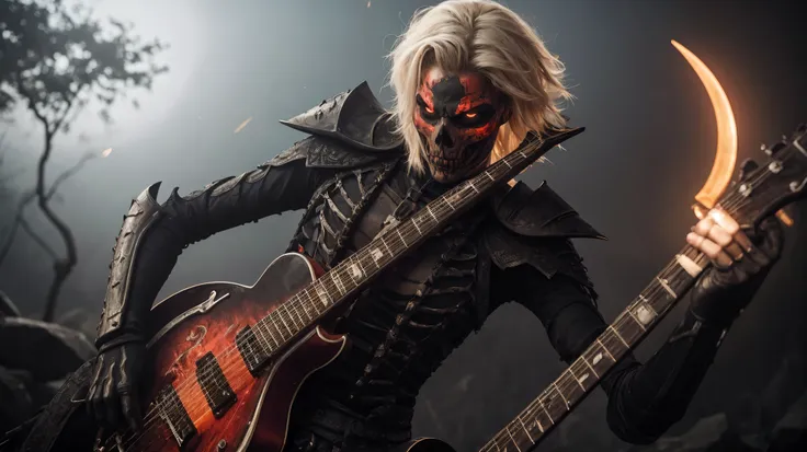 kizi, skeleton warrior, evil gaze, sensuous,  holding a guitar , blonde hair flowing in the wind , the guitar is red with black ...