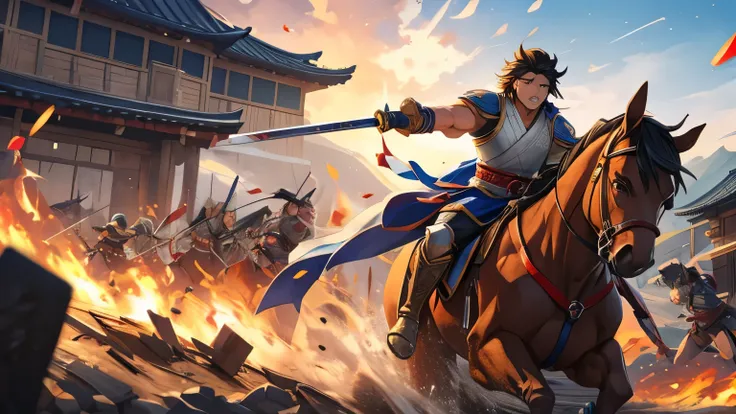 An action-packed and dynamic scene depicting Sanada Yukimura leading a daring surprise attack during the Battle of Osaka. Yukimura, in full battle gear, charges forward on a powerful warhorse, his red armor gleaming in the early morning light. The horse’s ...