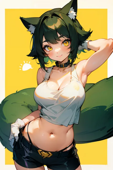 Cute girl, short dark green hair, yellow eyes, cat ears, smiling, cat collar, cat tail, large breasts, tank top, exposed belly, short pants, belt, white gloves 