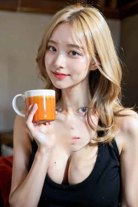 a full portrait of a beautiful bionde幾乎半裸 in black tank top,, In the profile, Smile, on shes bedroom,holding a colorful mug. Her hair is brown and curly., Pale green eyes, She has some wrinkles on her face, Large bust, plump, Large Breasts, bionde, Beautif...