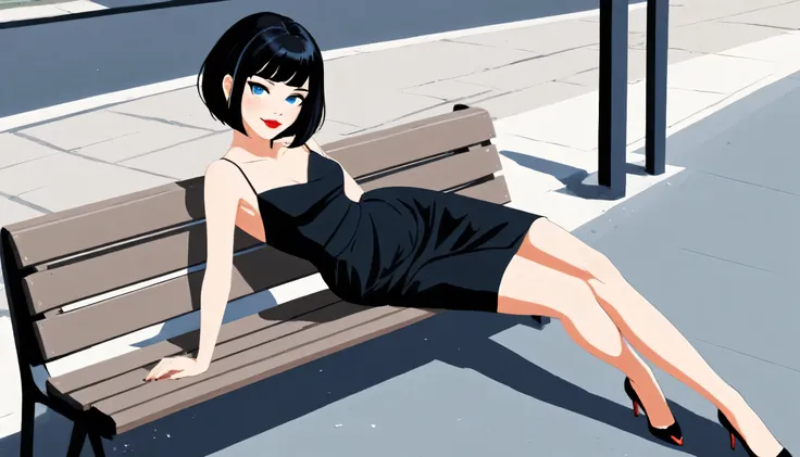 Vector illustration, girl, minimalist, flat color, A Female with bob black haircut with blue eyes and Red lips, bare shoulders, black dress, taut dress, spaghetti strap black dress, sleeveless, black high heels, laying down on a a bench in the sidewalks st...