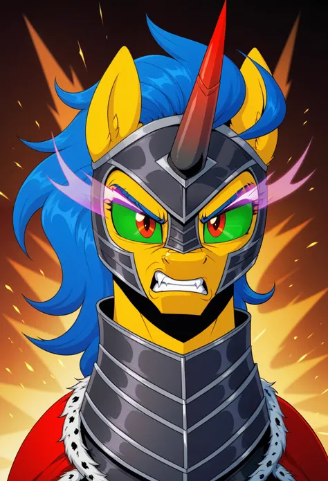  Pony yellow evil king sombra flash century with blue mane flash sombra angry Black knight armor costiumme 