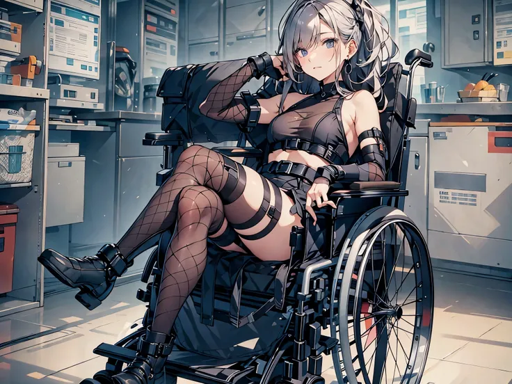 24 years old disabled woman in reclining electric wheelchair,glaring,hair above eyes,heavy make up,twintales hair,sliver hair,pi...