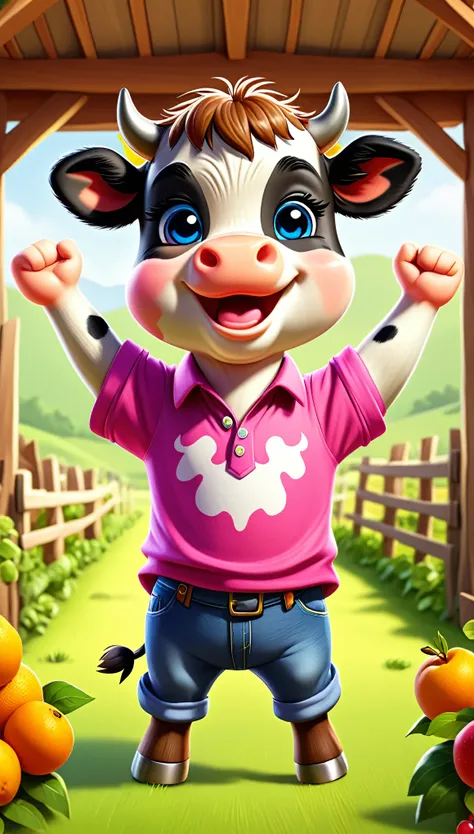 cute cow, cartoon , arms, hands ,cute eyes, looking at viewer, arms up, cute clothes, close, farm, fruits, pink shirt