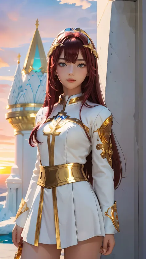 ((masterpiece, best quality, extremely detailed), volumetric lighting, ambient occlusion, colorful, glowing), 1girl, solo, young girl, (maroon hair with bangs), long hair, halo, aura, sacred, goddess, cleric suit, (white outfit with gold detailst:1.3), arm...
