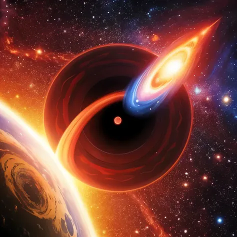 a painting of a red disk with a star in the middle, concept art by Julian Fałat, tumblr, space art, quasar, black hole time portal, neutron star, worm hole, supernova explosion, majestic interstellar portal, vast cosmos, supernova, galactic entity, coming ...