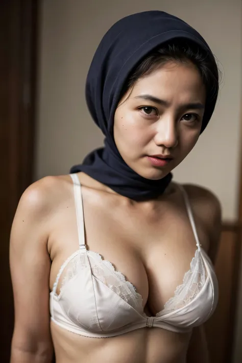 SOLO malay milf, hijab,, 56 years old lace bra, ((naked:1.4))