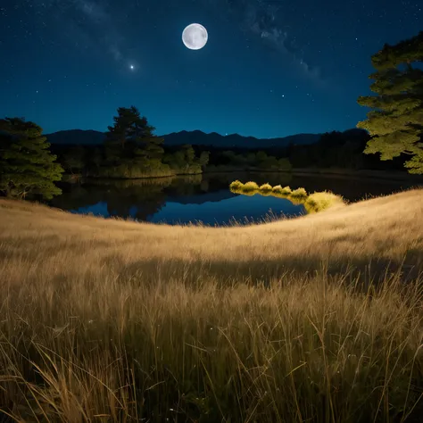 Japanese silver grass、full moon、night、star