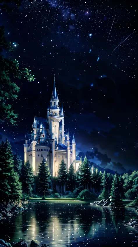 anime inspired castle in the alps with bright blue glass like sky shinning twinkling sparkling effect(bokeh effect) (fireflies)