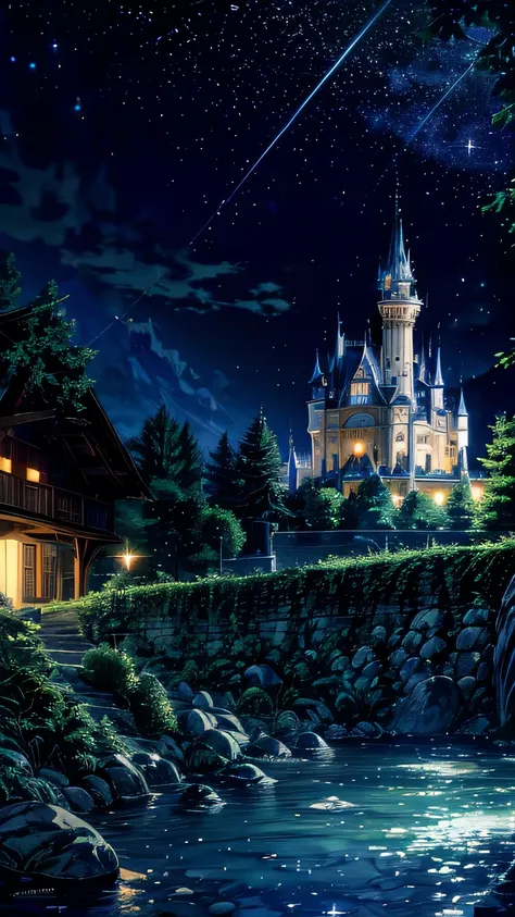 anime inspired castle in the alps with bright blue glass like sky shinning twinkling sparkling effect(bokeh effect) (fireflies)