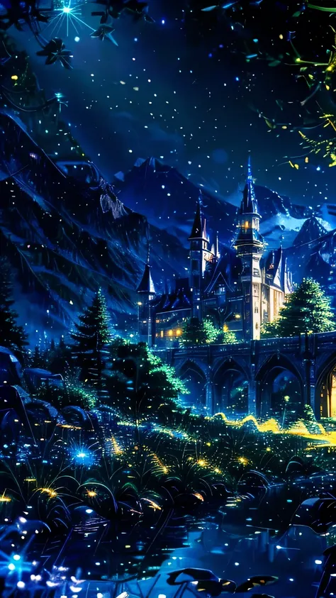 anime inspired castle in the alps with bright blue glass like sky shinning twinkling sparkling effect(bokeh effect) (fireflies)