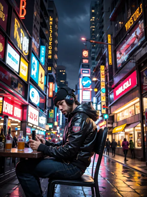 (((Masterpiece))),high resolution,realistic details,sharp focus, hyper-realistic landscape photo of a dystopian bar in New York City set in the year 2527, cyberpunk. Photo should feature futuristic bar, a guy sitting at bar with sharp details, depth in vis...