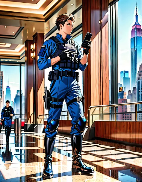 (best quality), (masterpiece), (highres), 1boy, solo, solo focus, male focus, blue swat uniform, black gloves, (belt, drop-down pistol holster), black boots, knee boots, cinematic lighting, daytime, New York backdrop, holding smartphone, modern lobby, indo...