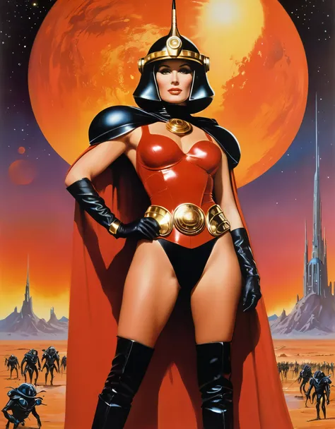 High quality, 1980s painted sci-fi movie poster, bold text centered on top “Queen of the Final World”, (40 years old), tall muscular ((Jewish woman)), wide chin, big nose, broad shoulders, wide hips, thick thighs, red plastic helmet, golden shoulder pads, ...