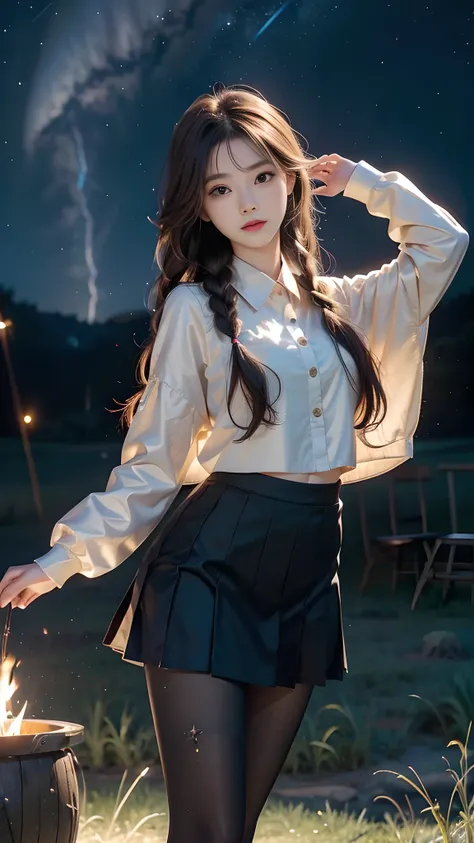 ulzzang-6500-v1.1, (RAW photo: 1.2), (Real photo), (Real photo: 1.4), 1 girl、Perfect anatomy、19 years old、Looking at the camera、Medium length hair、side braid, short uniform skirt, Dancing by the campfire on the green grassland at nigh, under the starry nig...