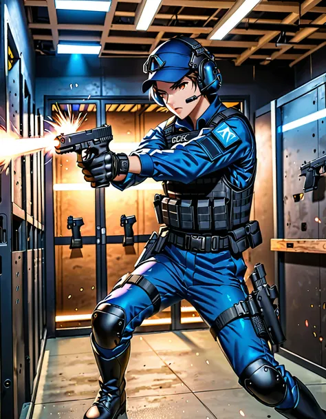 (best quality), (masterpiece), (highres), 1boy, solo, solo focus, male focus, blue swat uniform, black gloves, (belt, drop-down pistol holster), black boots, knee boots, cinematic lighting, holding pistol, glock 17, high tech room, firing range, indoors, l...