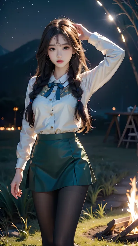 ulzzang-6500-v1.1, (RAW photo: 1.2), (Real photo), (Real photo: 1.4), 1 girl、Perfect anatomy、19 years old、Looking at the camera、Medium length hair、side braid, short uniform skirt, Dancing by the campfire on the green grassland at nigh, under the starry nig...