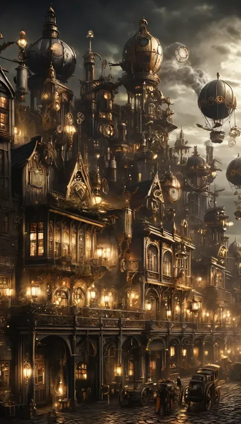 steampunk、landscape、dim、beautiful、town、unmanned、obsolete、night、air、gear