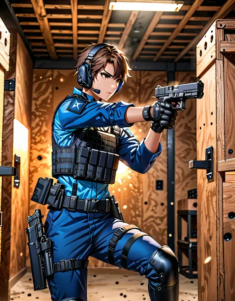 (best quality), (masterpiece), (highres), 1boy, solo, solo focus, (male focus), blue swat uniform, black gloves, (belt, drop-down pistol holster), black boots, knee boots, cinematic lighting, holding pistol, glock 17, firing range, indoors, looking away.