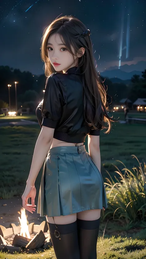 ulzzang-6500-v1.1, (RAW photo: 1.2), (Real photo), (Real photo: 1.4), 1 girl、Perfect anatomy、19 years old、Looking at the camera、((from behind)), Medium length hair、side braid, short uniform skirt, Dancing by the campfire on the green grassland at nigh, und...