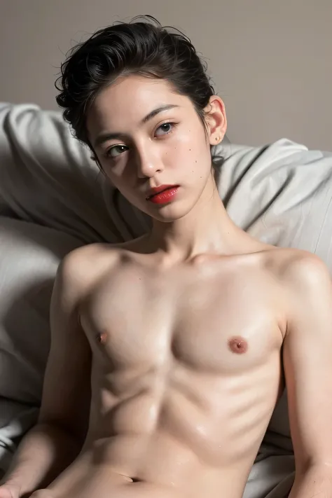 ((Pussy:1.15)), ((Youngest Boys:1.4)), Spread, ((details nipples:1.34)), ((SLEEPING LIE DOWN FEMBOY)), (((SAD FACE EXPRESSION:1.1)), ((NECK LACE)), ((GOTHIC EYELASHES & LIPS)), ((LIPS)), ((MENS STYLE SHORTHAIRCUT)), adorable, 1 girl, (face to face), 10 yea...