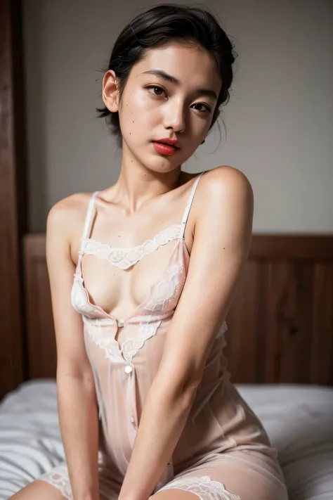 (((NAKED))), Spread, ((SLEEPING FEMBOY)), (((SAD FACE EXPRESSION:1.1)), ((NECK LACE RIBBON)), ((GOTHIC EYELASHES & LIPS)), ((LIPS)), ((boy very shorthaircut)), adorable, 1 girl, (face to face), 10 years old, baby face, happy, half body portrait, (face deta...