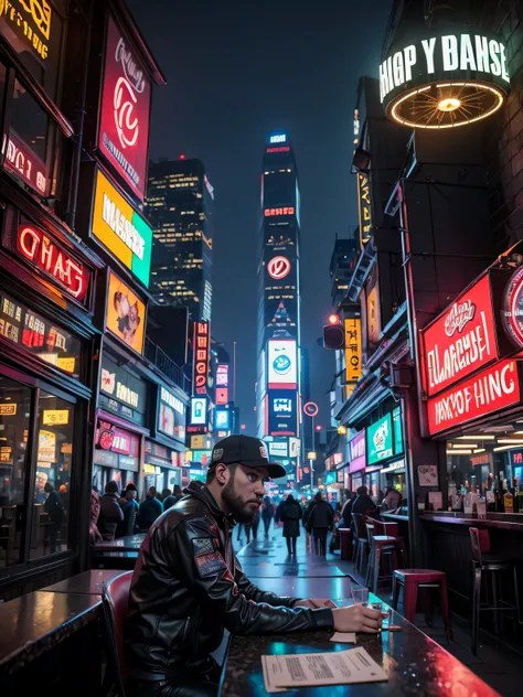 (((Masterpiece))),high resolution,realistic details,sharp focus, hyper-realistic landscape photo of a dystopian New York City set in the year 2527, photo is set in a bar, cyberpunk. Photo should feature futuristic bar, a guy sitting at bar with sharp detai...