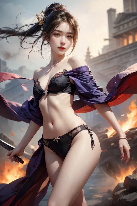 (RAW shooting, Photoreal:1.5, 32K, highest quality, masterpiece, ultra high resolution), sengoku, Fire, Wars flaring up everywhere:1.3, perfect dynamic composition:1.2, Highly detailed skin and facial textures:1.2, Slim female samurai with a sharp Japanese...