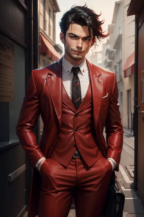 jovem blacksad, drip, red suit, Stylish hair, blackquality hair, ssmile, show, comely, Bleach pose, anime styling, naughty man, blacksad, Bblack hair, red suit