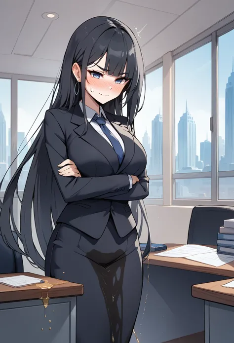 1girl, woman, (wetting self:1.75), desperation, (very long hair:1.5), straight hair, very long bangs, huge breasts, black hair, blue eyes, (black business suit:1.5), necktie, pencil skirt, pantyhose, (blushing:1.5), aroused, orgasm, smirk, wavy mouth, tear...