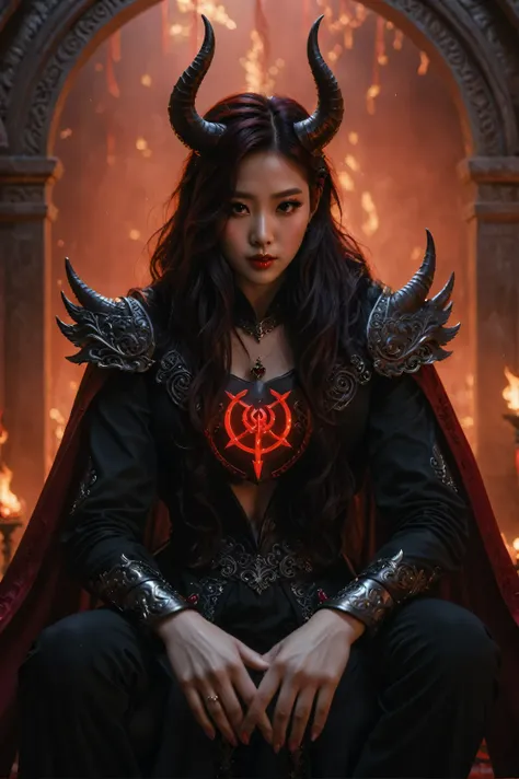 a woman with red hair in a black dress with horns and a red heart, park shin hye como um supervilão, iu lee ji-eun as a supervil...