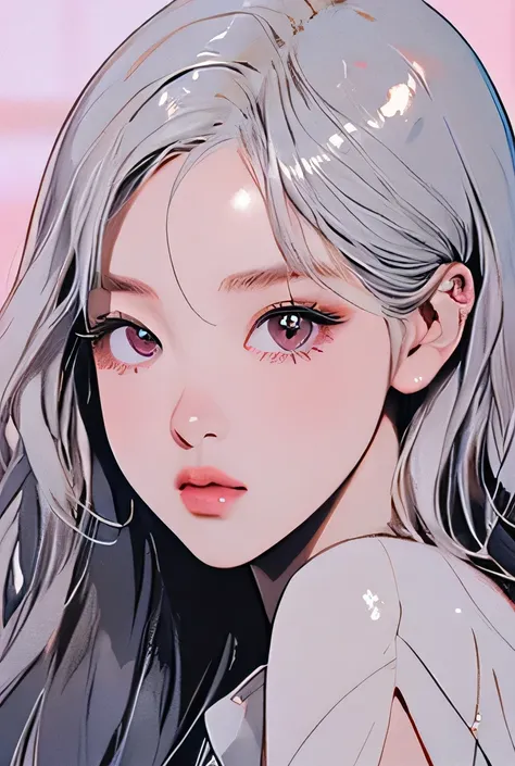 rosè blackpink, silver hair, beautiful detailed eyes, beautiful detailed lips, extremely detailed face and eyes, long eyelashes, portrait, 1girl, fantasy, oil painting, glowing skin, serene expression, delicate features, elegant hairstyle, shimmering silve...