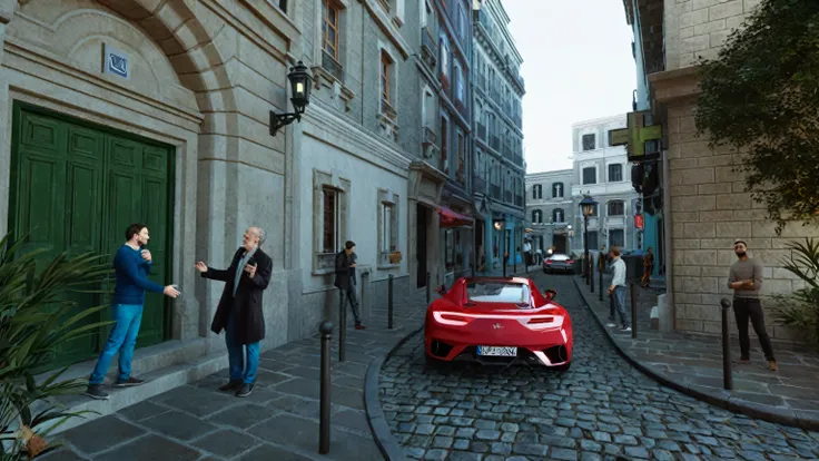 there are two men standing on a cobblestone street talking to a red sports car, hyper photorealistic raytracing, photorealistic cinematic render, rendered in lumion pro, pininfarina, realistic. octane render, ultra photorealistic raytracing, rendered in 8 ...