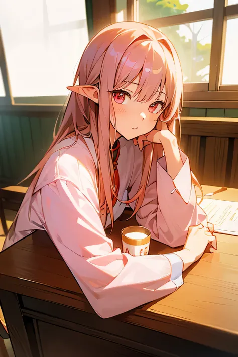 (work of art:1.2),best qualityer,pixiv,Shino Amagi OL,
1 girl,cup,solo,chestnut hair,long hair, elfo, pointy ears,looking ahead at viewer,pink eyes,White hair,desk lady,OL,
desk,