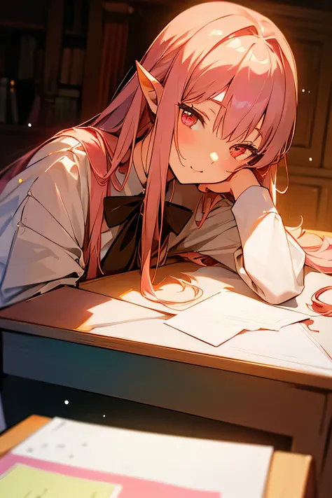 (work of art:1.2),best qualityer,pixiv,Shino Amagi OL,
1 girl,cup,solo,chestnut hair,long hair, elfo, pointy ears,looking ahead at viewer,pink eyes,White hair,desk lady,OL,
desk,