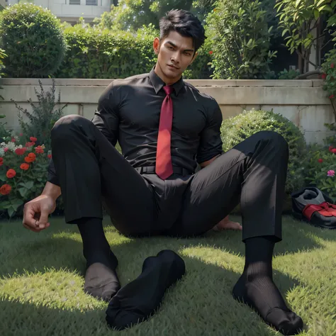 33 years old,One Man,、Handsome。Black Shirt、Red tie、Black slim pants、Dhaka - Fighters、garden。The shade on the lawn、logic,Gay ,Very short hair、　,Asian Face,、　Handsome　Menacing look　　　Black socks　Show the soles of your feet