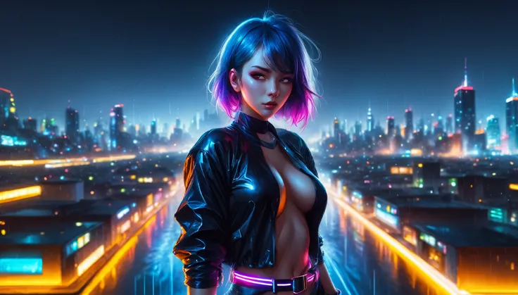 portrait, 1 girl, beautiful face, asymmetrical hair, multi-colored hair, belt, bodysuit, covered mouth, covered navel, detached sleeves, grey eyes, hip vent, open jacket, cute, look at viewer, night city, neon, rainy,