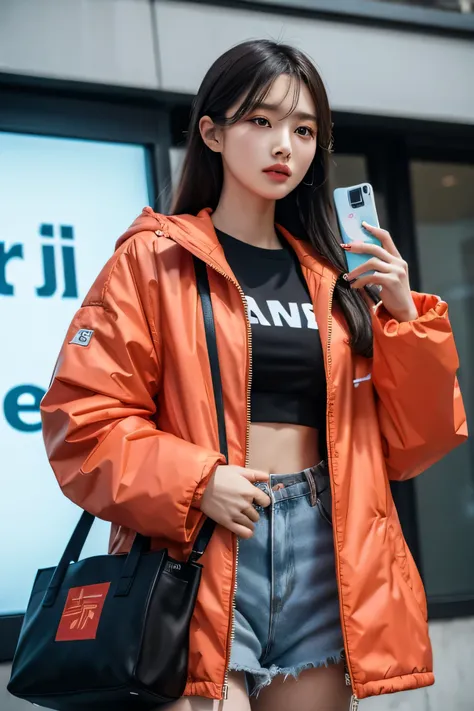 Chinese beauty, wearing trendy clothes, with a jacket, holding a power bank, and a cool expression