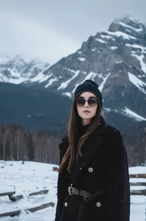 Create an image of a stylish woman standing in a snowy, mountainous landscape during dusk. She is wearing a luxurious fur coat and a black beanie with a designer logo, exuding an air of sophistication. The sky is overcast with dark clouds, creating a drama...