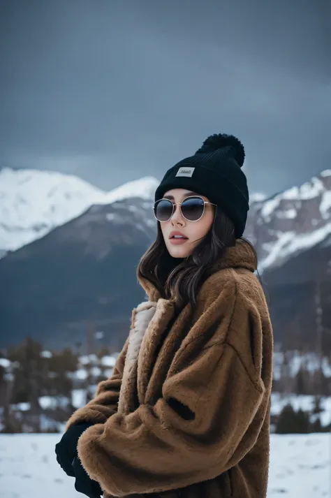 Create an image of a stylish woman standing in a snowy, mountainous landscape during dusk. She is wearing a luxurious fur coat and a black beanie with a designer logo, exuding an air of sophistication. The sky is overcast with dark clouds, creating a drama...