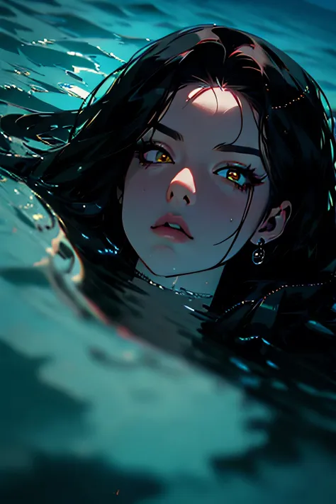 hyper-realistic of a mysterious woman with dark hair, piercing yellow eyes, upper body, submerging in water, (ocean night)