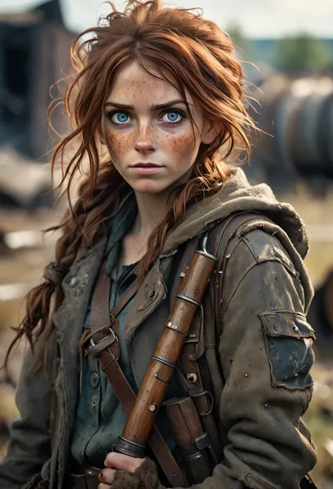 (Realistic, ultra detailed, modern analog style, photorealistic cute woman, chestnut hair, tattered outwear, post-apocalyptic, detailed face, beautiful eyes, (shy smile:0.7), freckles, holding a big staff, exhausted after another battle, dramatic, vibrant,...