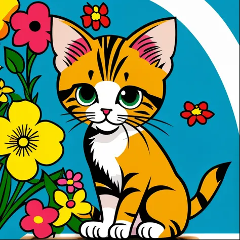 Cute kitten and flowers, pop art