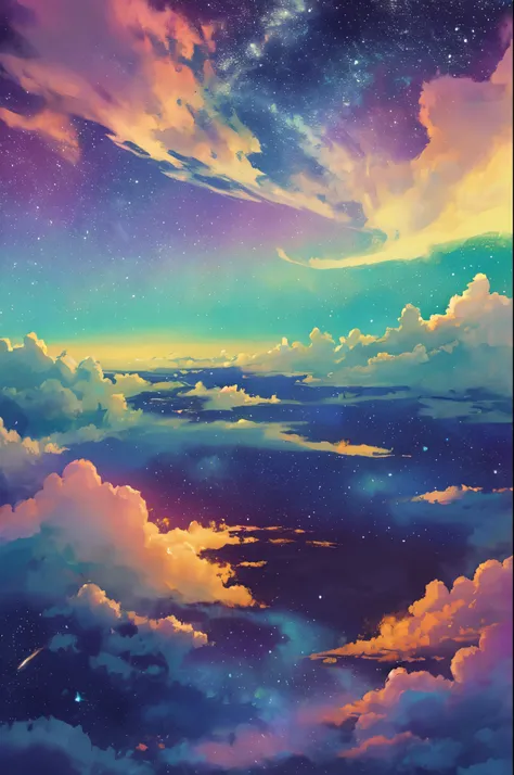 Celestial Meadow Fantasy Wallpaper in 4K quality, ethereal watercolor style, featuring a vast, open meadow under a sky painted with swirling nebulae and distant galaxies, delicate wildflowers glowing softly in the moonlight, and floating islands hovering a...