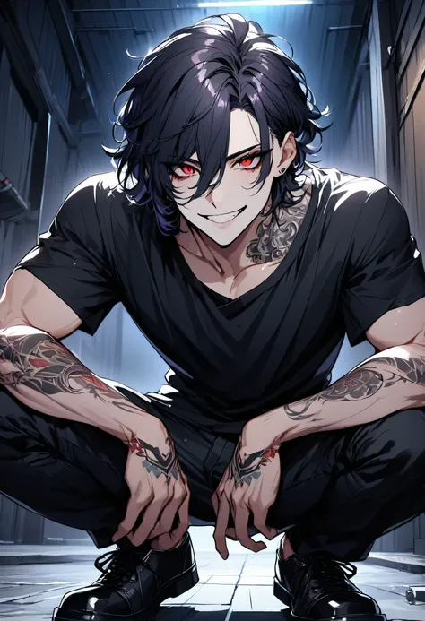(masterpiece), best quality, expressive eyes, perfect face, , LowKeyLights, jewelry, male focus, solo, 1boy, standing on a dark basement, he has black, shoulder-length, curled hair and red eyes, looking at viewer, his body is tall and athletic, but he wear...