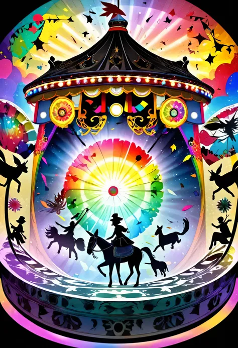 fusion of watercolors and oil paintings, fusion of paper cutting and shadow puppetry, mix of monochrome and color, fusion of merry-go-round kaleidoscope magic circle, puppet show made of black shadow puppets, colorful colors, shading effects, gradation mag...