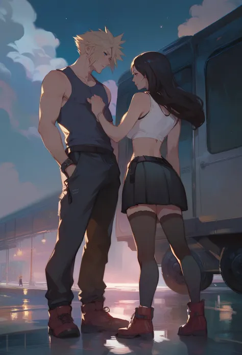 tifa and cloud strife, facing each other, train station, night