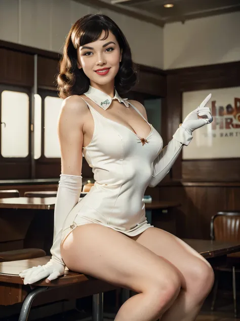 masterpiece photo, ((retro vintage)), photography, ((1940s vibe)), year 1930, 40 years old Bettie page, vintage white sleeveless dress, white gloves, long sleeves, wavy hair, hd, color image, short hair, winter, brunette, smile, in a fast food, sitting on ...